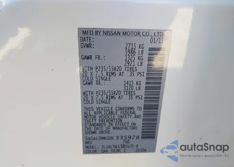 2013 Infiniti Jx35 from USA, damaged, VIN 5N1AL0MN1DC335978